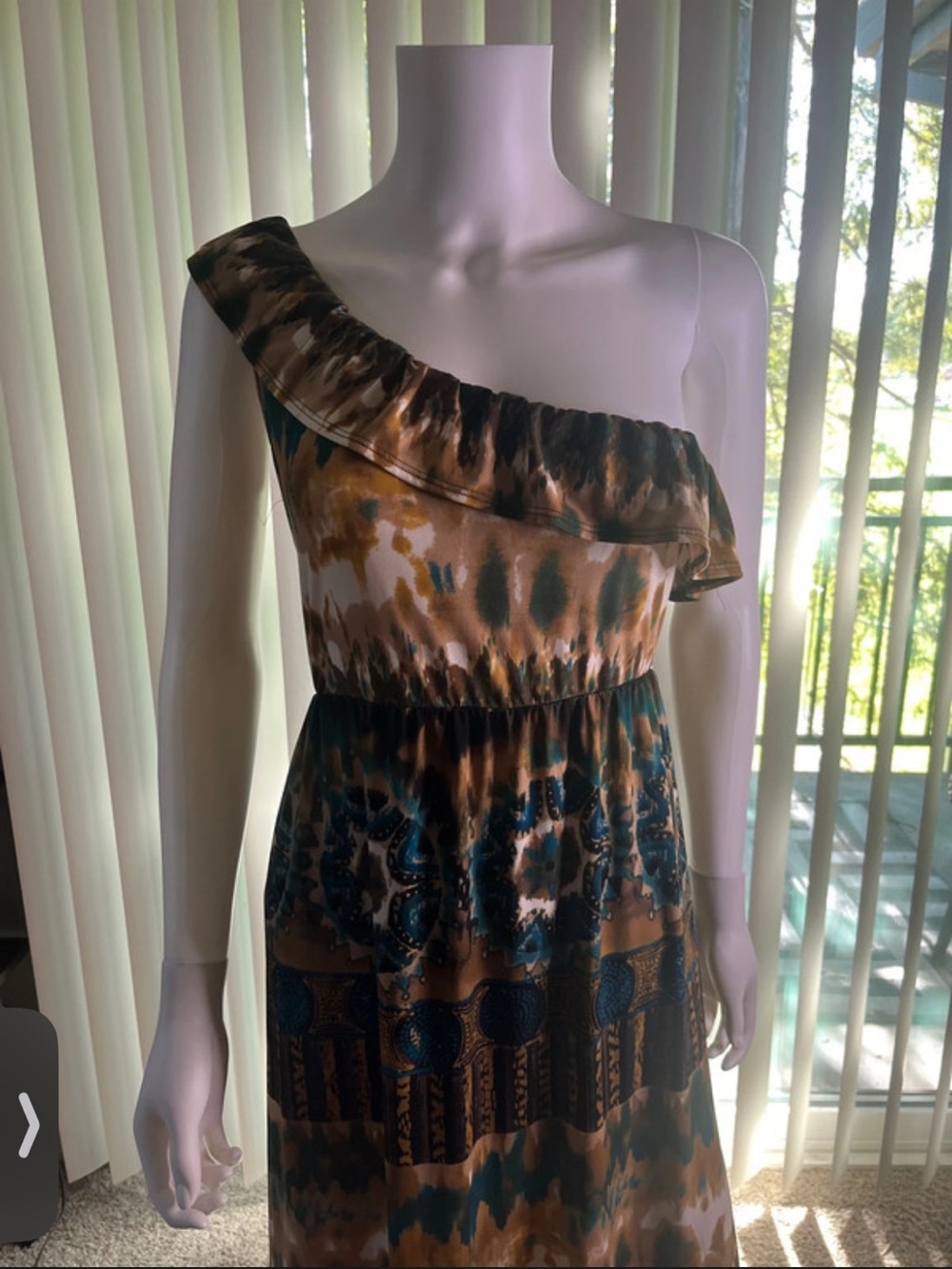Kiwi. One-Shoulder Brown & Teal Printed Sundress M